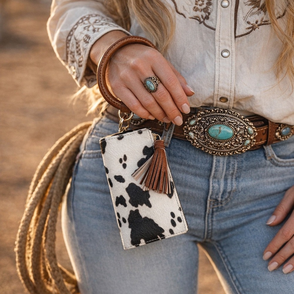 Cow Print Wallet Wristlet Bracelet Key Ring Set Hands Free Card Holder New